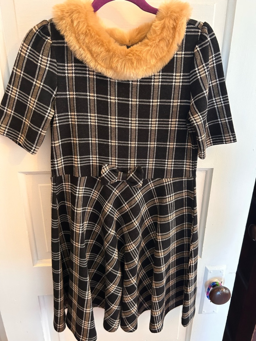 Janie and Jack Black and Cream Plaid Dress with Tan Faux Fur Collar